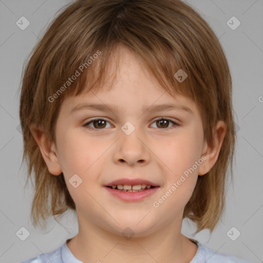 Joyful white child female with medium  brown hair and brown eyes