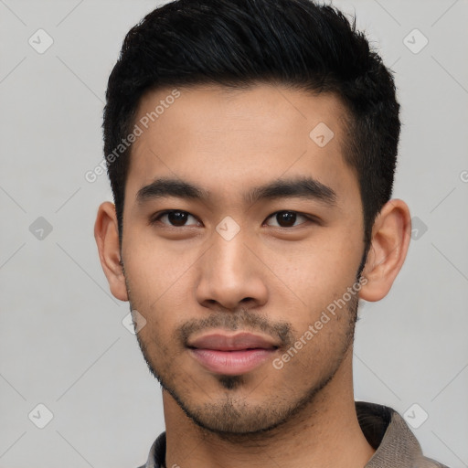 Neutral asian young-adult male with short  black hair and brown eyes