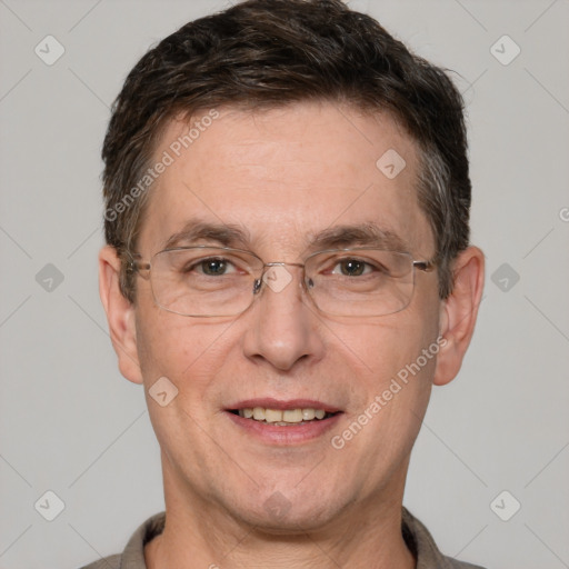 Joyful white adult male with short  brown hair and grey eyes