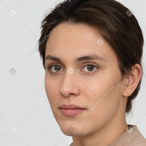 Neutral white young-adult female with short  brown hair and brown eyes