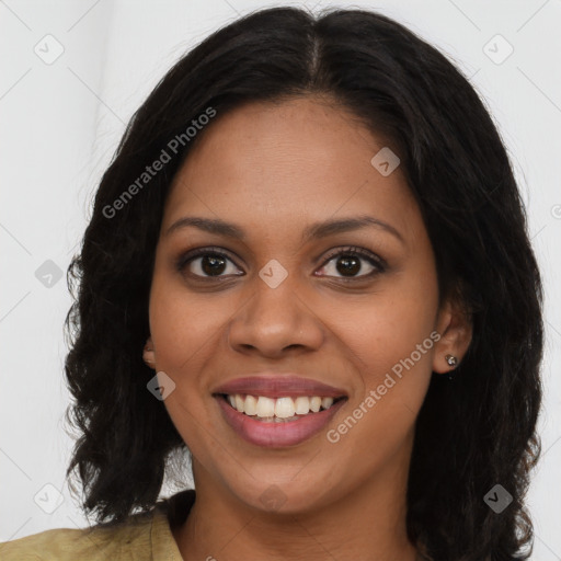 Joyful latino young-adult female with long  brown hair and brown eyes