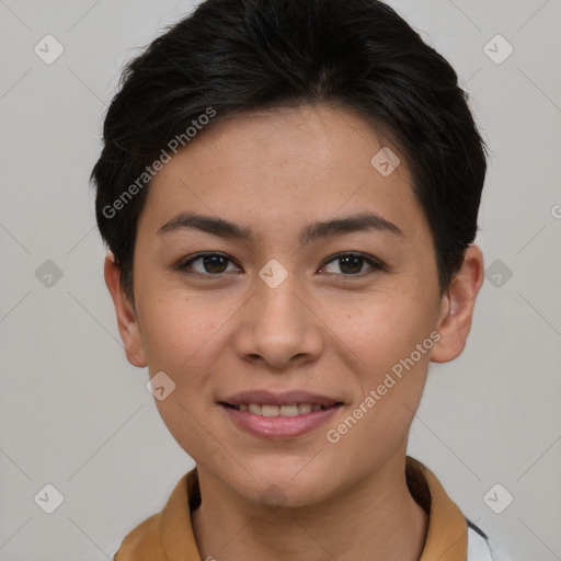 Joyful asian young-adult female with short  brown hair and brown eyes