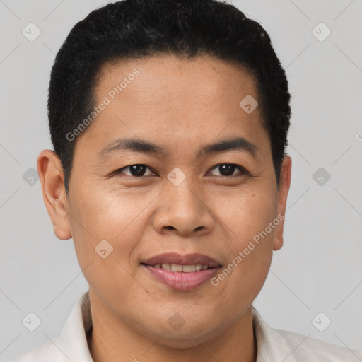 Joyful latino young-adult male with short  brown hair and brown eyes