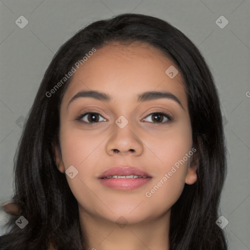 Neutral latino young-adult female with long  black hair and brown eyes