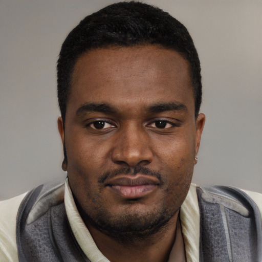 Joyful black young-adult male with short  black hair and brown eyes
