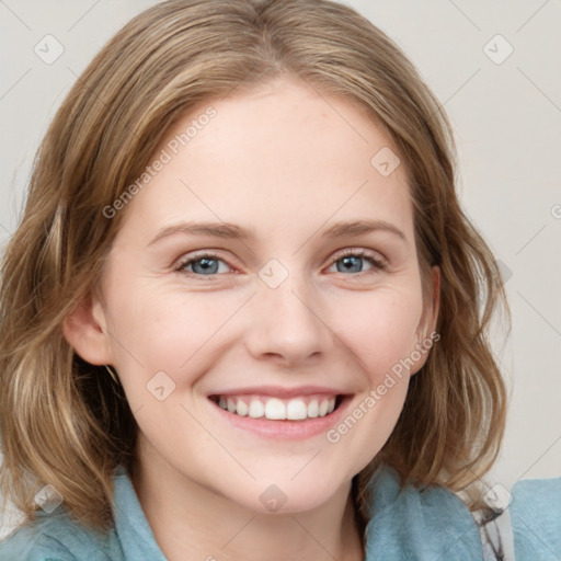 Joyful white young-adult female with medium  brown hair and blue eyes