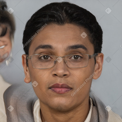 Neutral asian young-adult female with short  brown hair and brown eyes