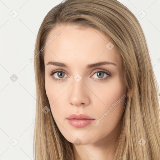 Neutral white young-adult female with long  brown hair and brown eyes