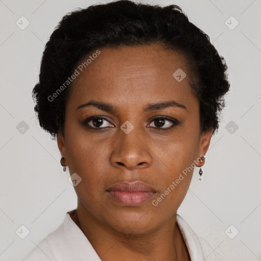 Neutral black young-adult female with short  black hair and brown eyes