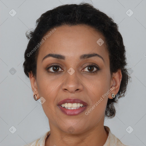 Joyful latino young-adult female with short  brown hair and brown eyes