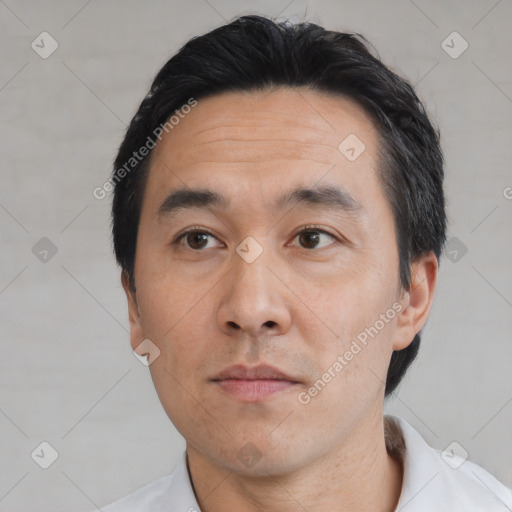 Neutral asian adult male with short  black hair and brown eyes