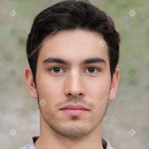 Neutral white young-adult male with short  brown hair and brown eyes