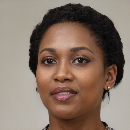 Joyful black young-adult female with short  black hair and brown eyes
