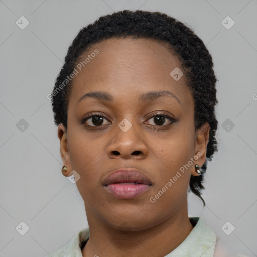 Neutral black young-adult female with short  black hair and brown eyes