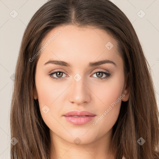 Neutral white young-adult female with long  brown hair and brown eyes