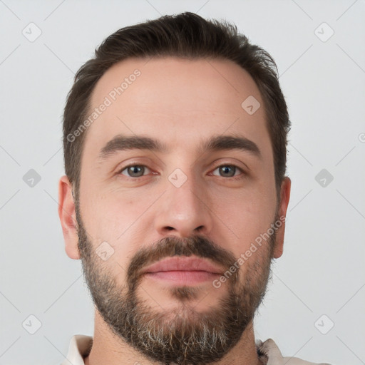 Neutral white young-adult male with short  brown hair and brown eyes