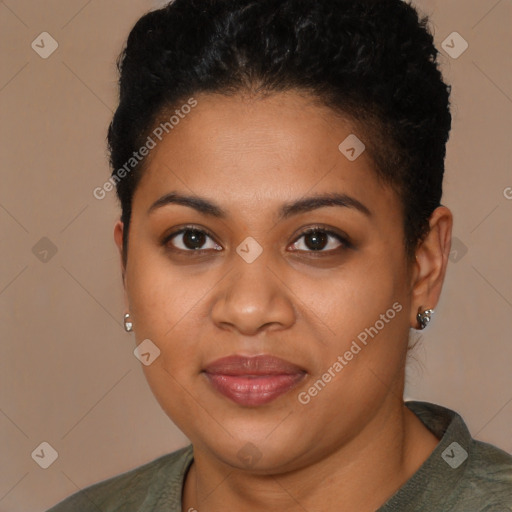 Joyful black young-adult female with short  brown hair and brown eyes