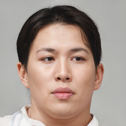 Neutral asian young-adult female with short  brown hair and brown eyes