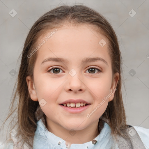 Joyful white child female with medium  brown hair and brown eyes