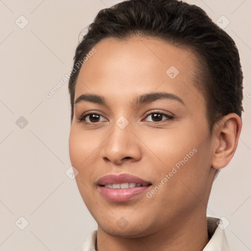 Joyful white young-adult female with short  brown hair and brown eyes