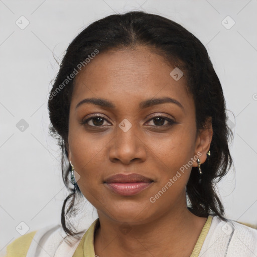 Joyful black young-adult female with medium  black hair and brown eyes