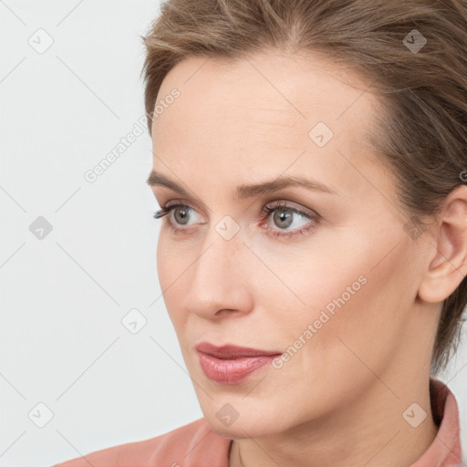 Neutral white young-adult female with medium  brown hair and blue eyes