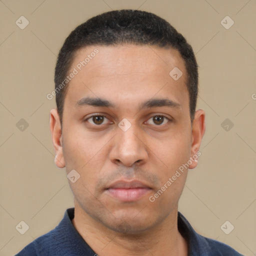 Neutral latino young-adult male with short  black hair and brown eyes