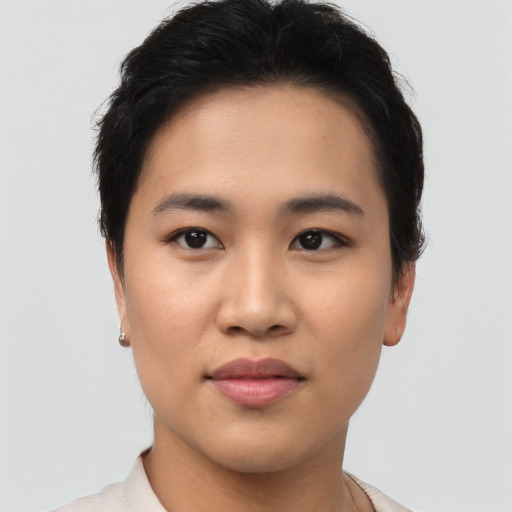 Neutral asian young-adult female with short  black hair and brown eyes