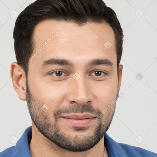 Joyful white young-adult male with short  brown hair and brown eyes