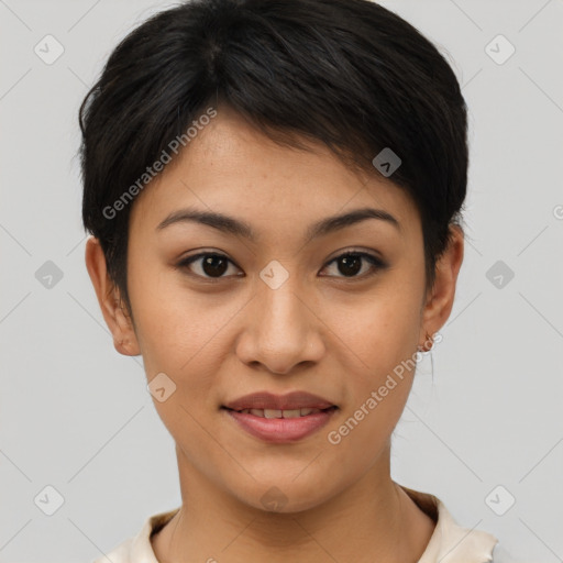 Joyful asian young-adult female with short  brown hair and brown eyes