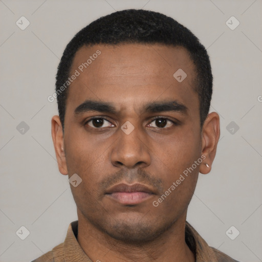 Neutral latino young-adult male with short  black hair and brown eyes
