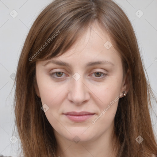 Joyful white young-adult female with long  brown hair and grey eyes