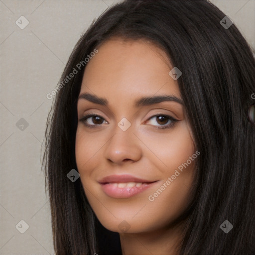 Joyful white young-adult female with long  black hair and brown eyes