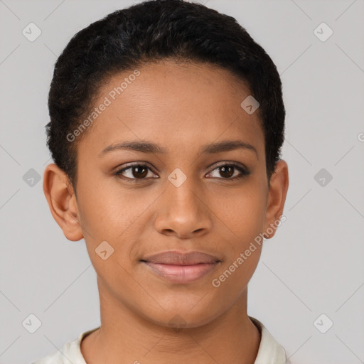 Joyful latino young-adult female with short  black hair and brown eyes