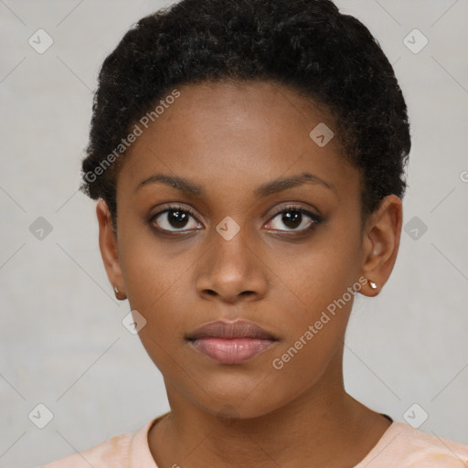 Neutral black young-adult female with short  brown hair and brown eyes