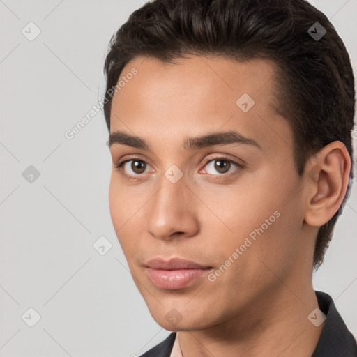 Neutral white young-adult male with short  brown hair and brown eyes