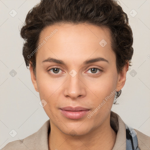 Neutral white young-adult female with short  brown hair and brown eyes