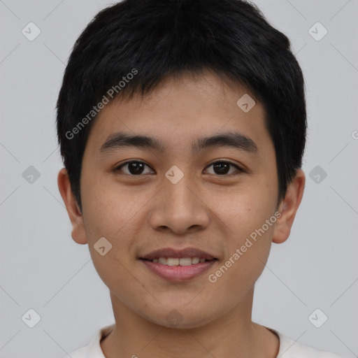 Joyful asian young-adult male with short  brown hair and brown eyes