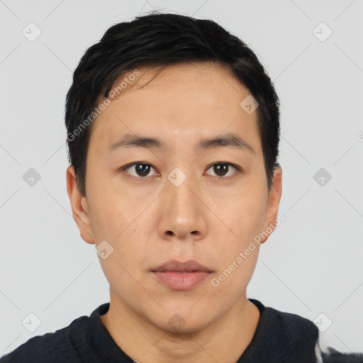 Neutral asian young-adult male with short  black hair and brown eyes