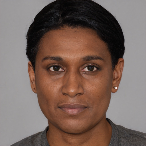 Neutral asian young-adult female with short  black hair and brown eyes