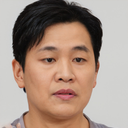 Joyful asian adult male with short  brown hair and brown eyes