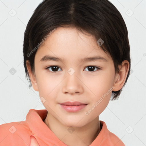 Joyful white child female with medium  brown hair and brown eyes