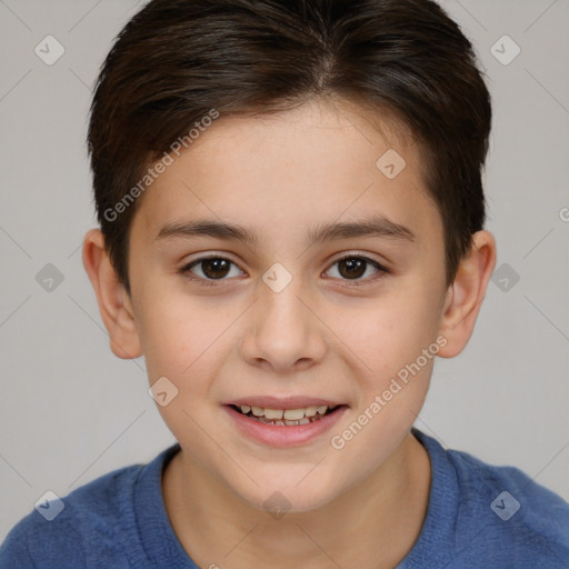 Joyful white child female with short  brown hair and brown eyes