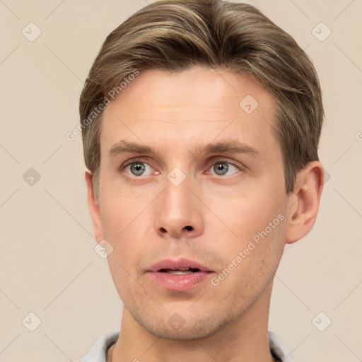 Neutral white young-adult male with short  brown hair and brown eyes