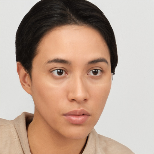 Neutral asian young-adult female with short  brown hair and brown eyes