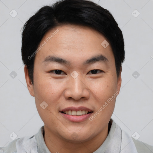 Joyful asian young-adult male with short  black hair and brown eyes