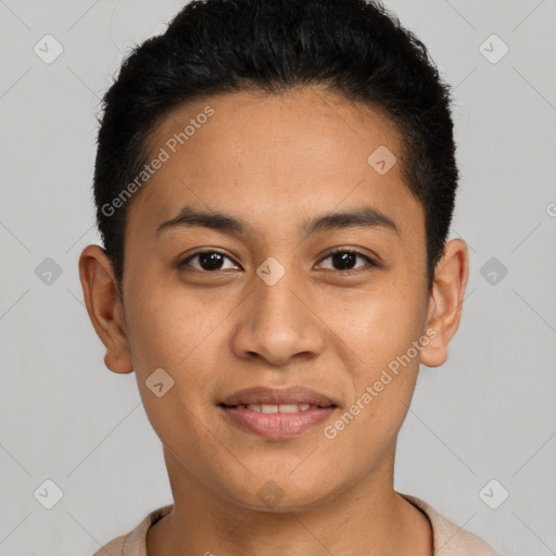 Joyful latino young-adult male with short  black hair and brown eyes