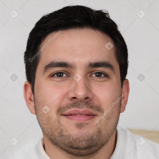 Neutral white young-adult male with short  brown hair and brown eyes