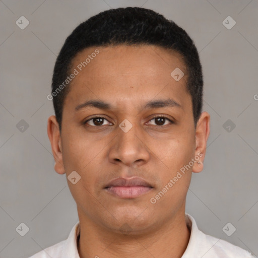 Neutral latino young-adult male with short  black hair and brown eyes