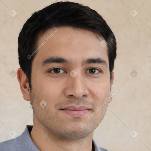 Joyful white young-adult male with short  black hair and brown eyes